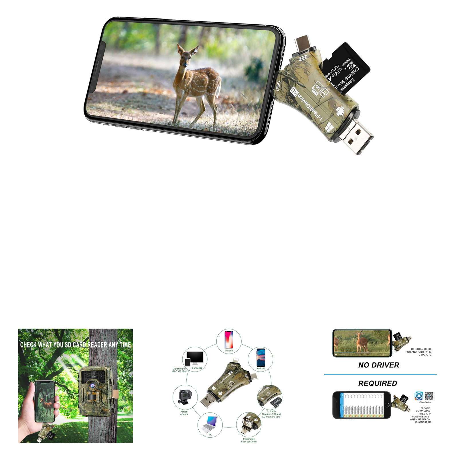 Trail Camera SD Card Reader Adapter 4 in 1 Lightning Type C Micro USB for iPhone