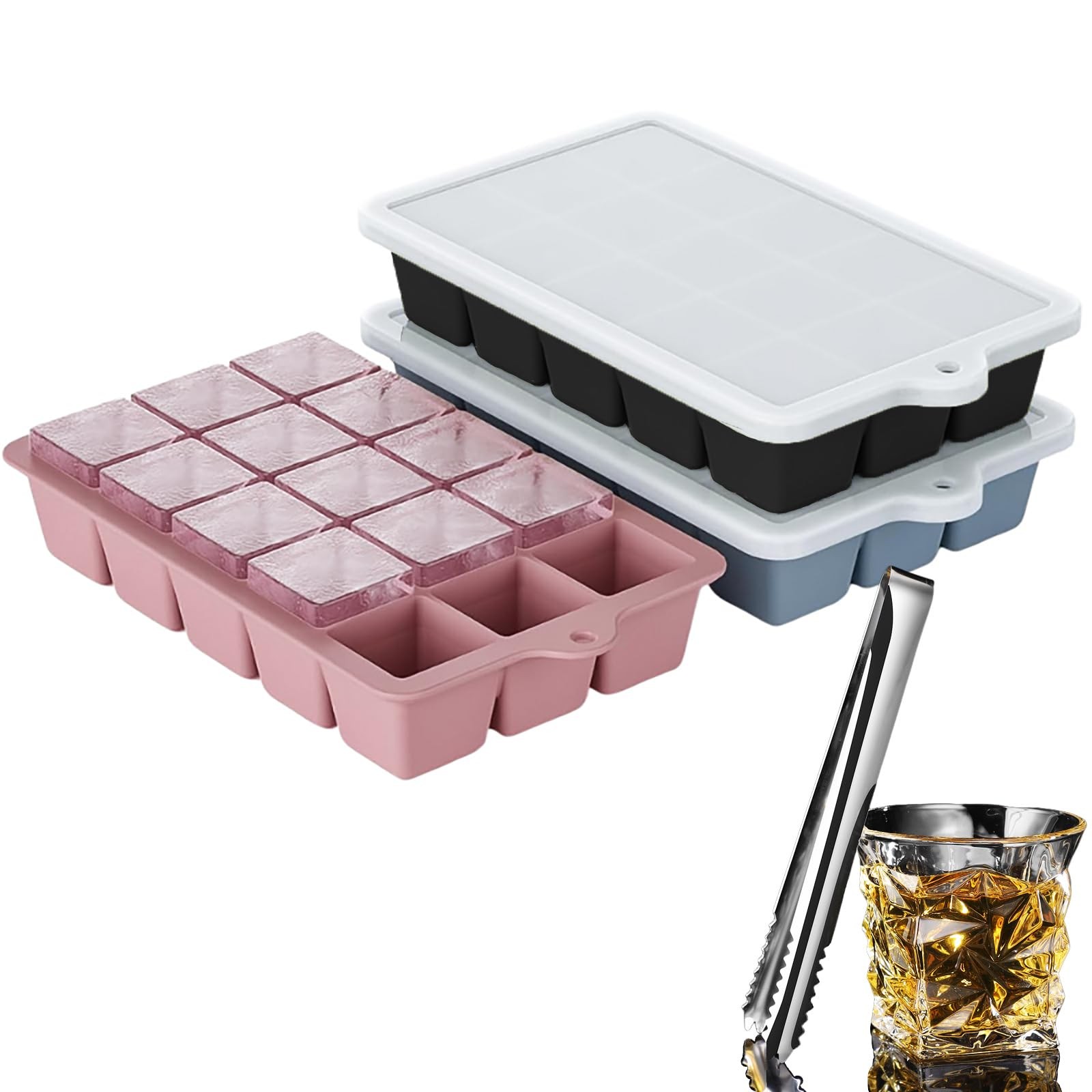 Large Silicone Ice Cube Trays with Lid, Make 15 Ice Cubes per Tray, Include 7...
