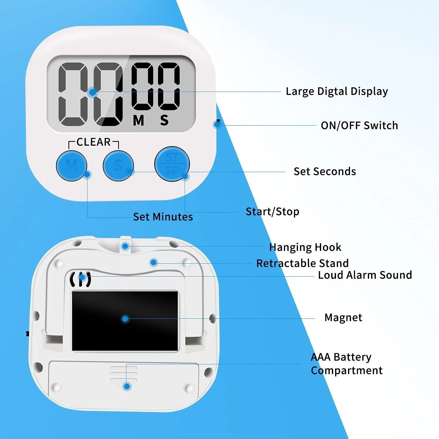 Compact 6 Pack Kitchen Timer Set - Magnetic Back, Large Display, ON/OFF Switch