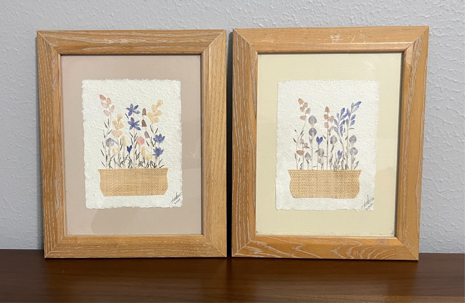 Botanical Flowers Paper Art Collage Framed Signed Dated 2000 Hand-Made Set of 2