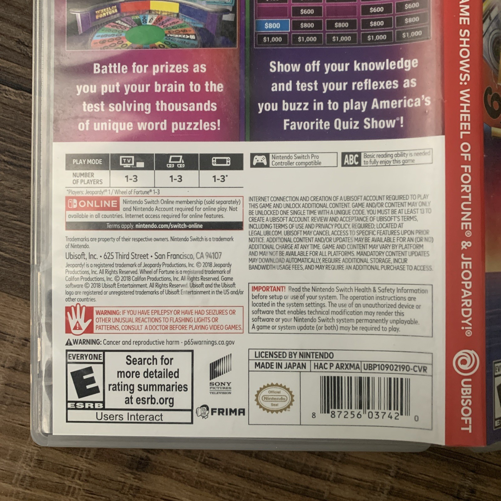 Empty Replacement Case ONLY! Wheel Of Fortune & Jeopardy Nintendo Switch