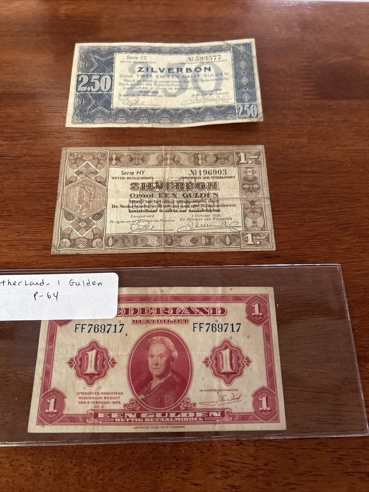 NETHERLANDS  Lot Of 3 1   1  2 1/ 2 Gulden 1943, P-64 62 61 Vf-f