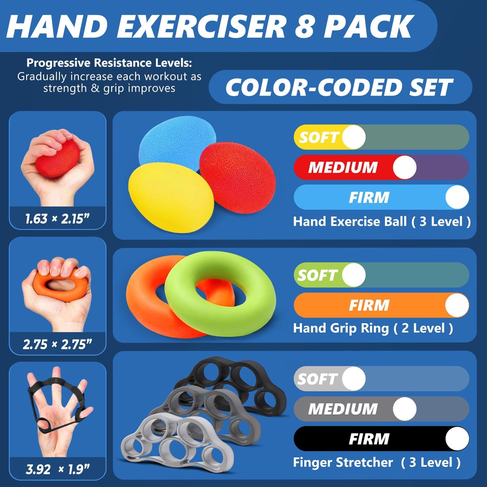 Grip Strength Trainer (8 Pack), Forearm Strengthener, Stress Balls for Adults...