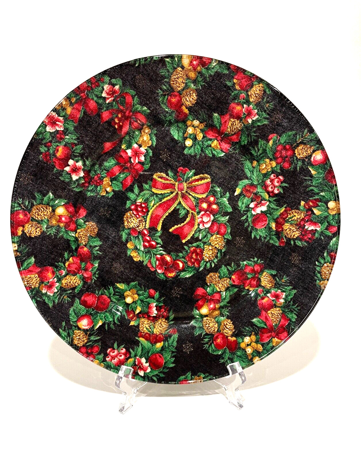 Handmade Glass Decoupage Christmas Plate Black w/Christmas Wreaths 10.5" NEW