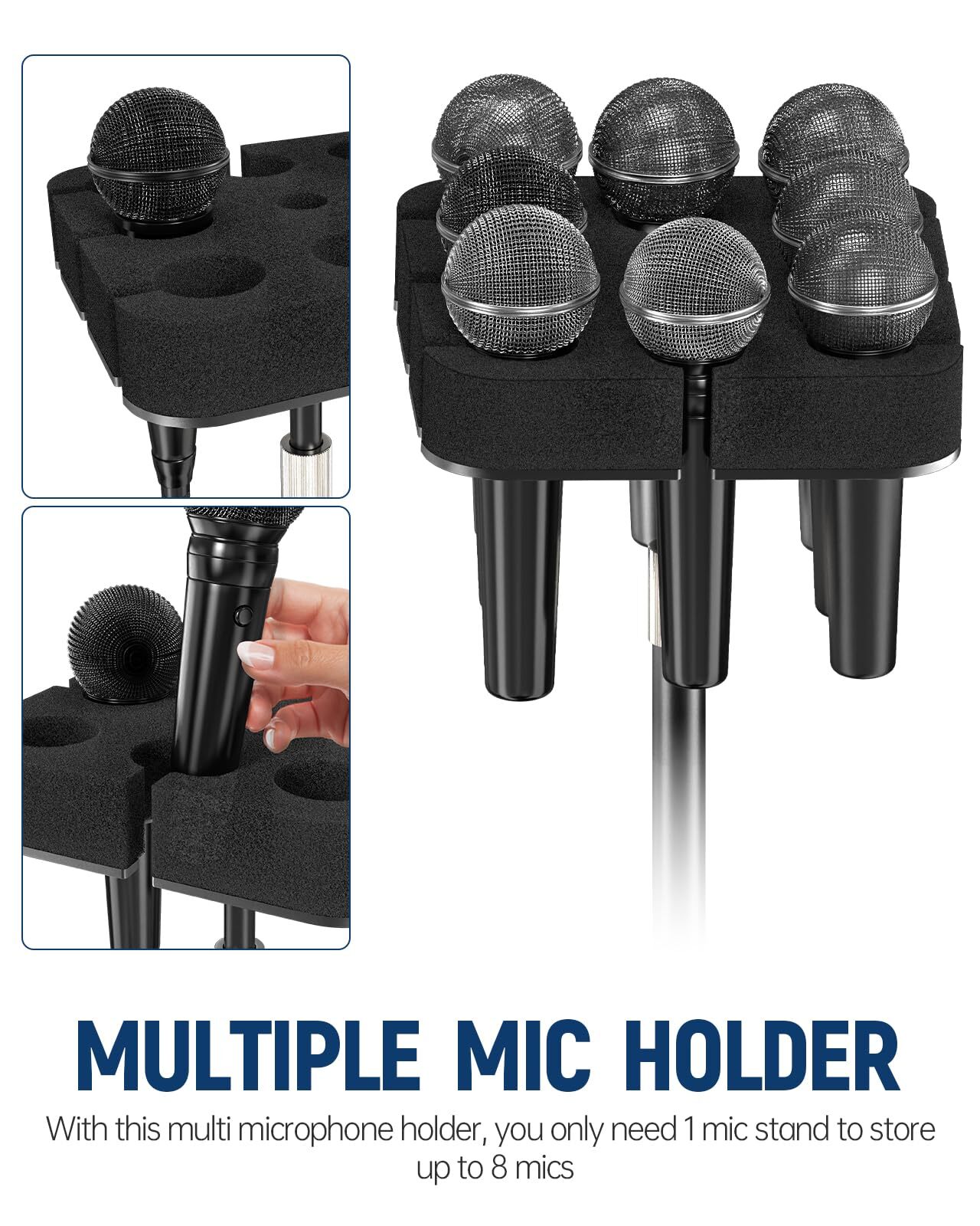 Multi Microphone Holder Square Tray with Foam Padding for 8 Wireless/Wired Mics
