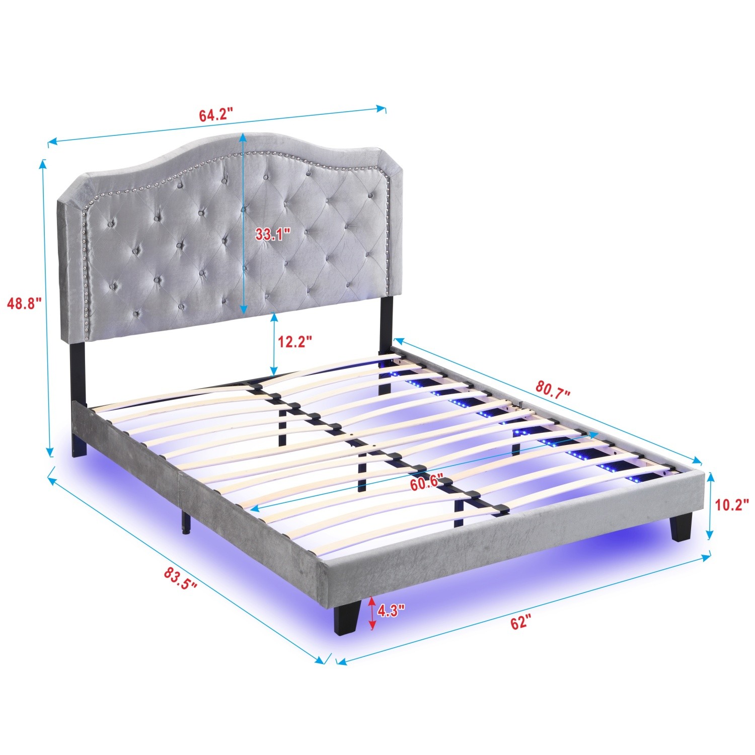 Queen Size Bed Frame Upholstered Platform Bed with LED Lights Black/Light Gray