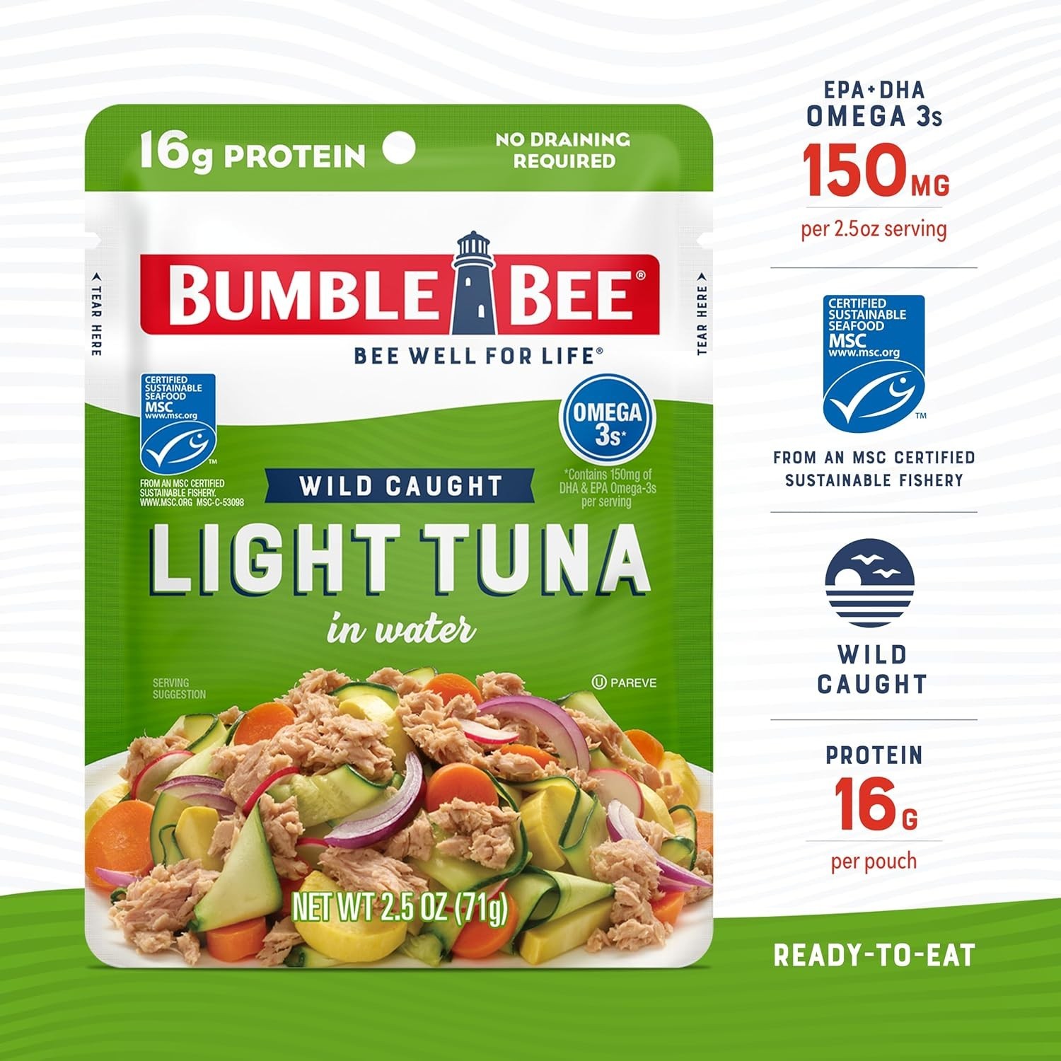 Atún claro en trozos Bumble Bee en agua, 70 g ( 3 paquete de), 16 g de proteína
