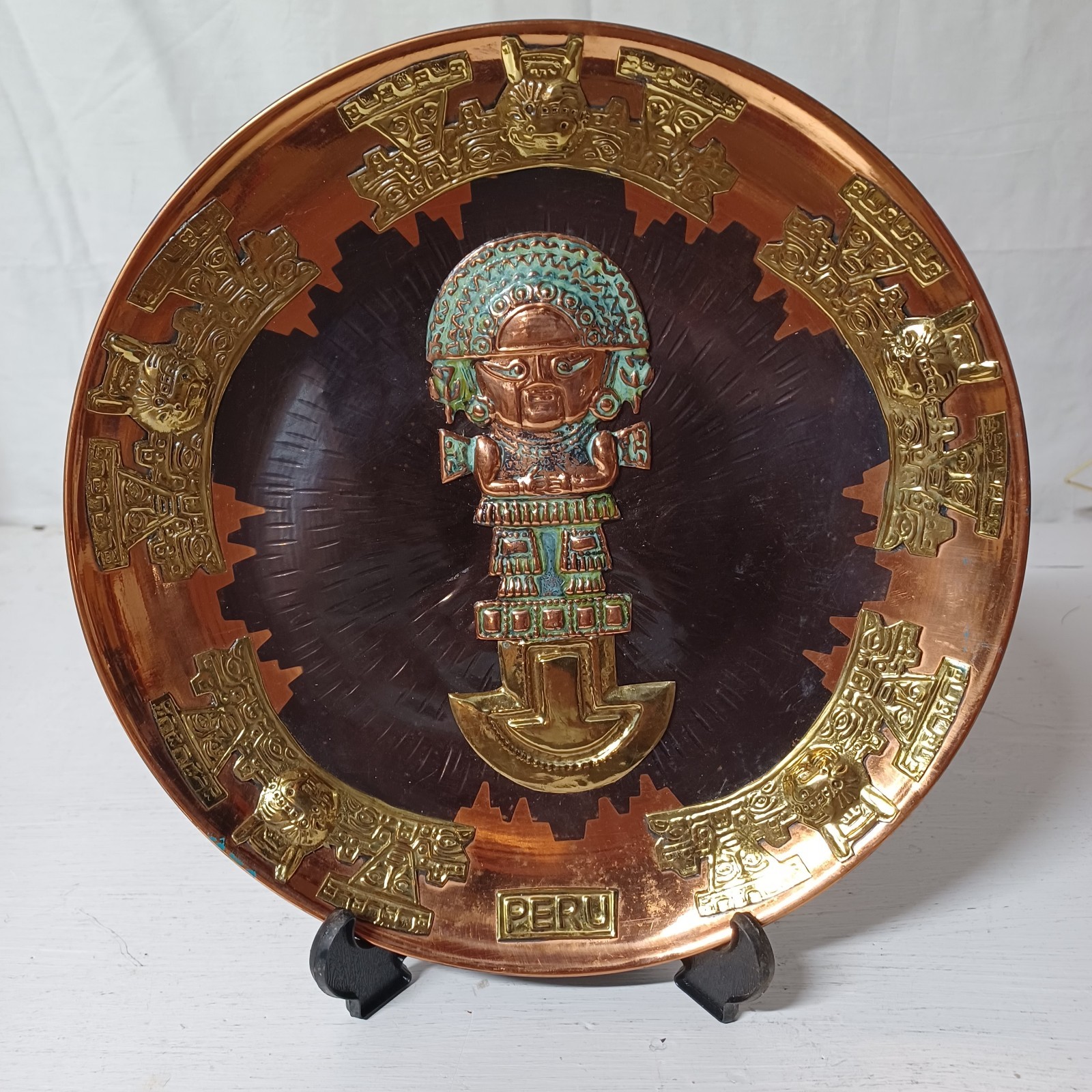 Vtg Peruvian Tumi Decor Wall Hanging Plate Copper Bronze 11" Embossed Handmade