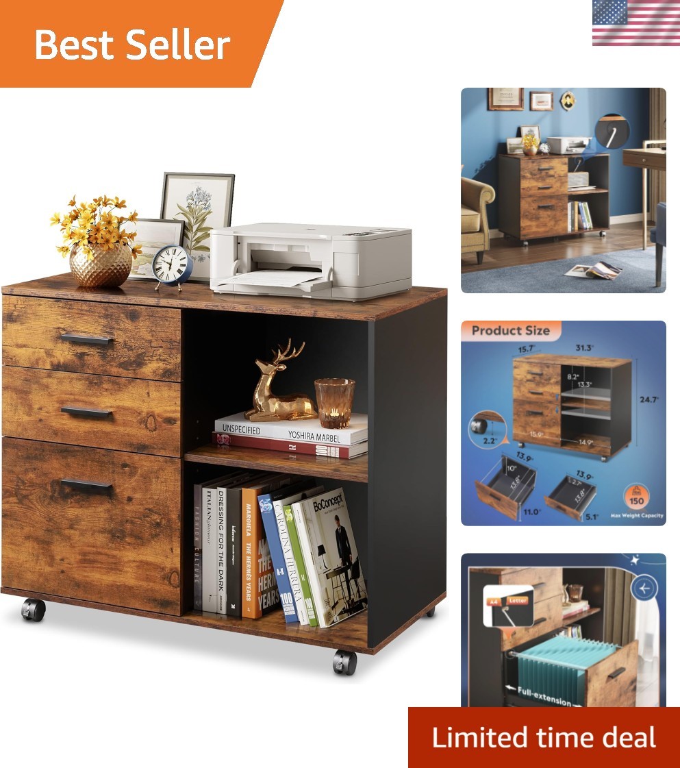3 Drawer Mobile File Cabinet, Wood Lateral Filing Cabinet, Printer Stand with...