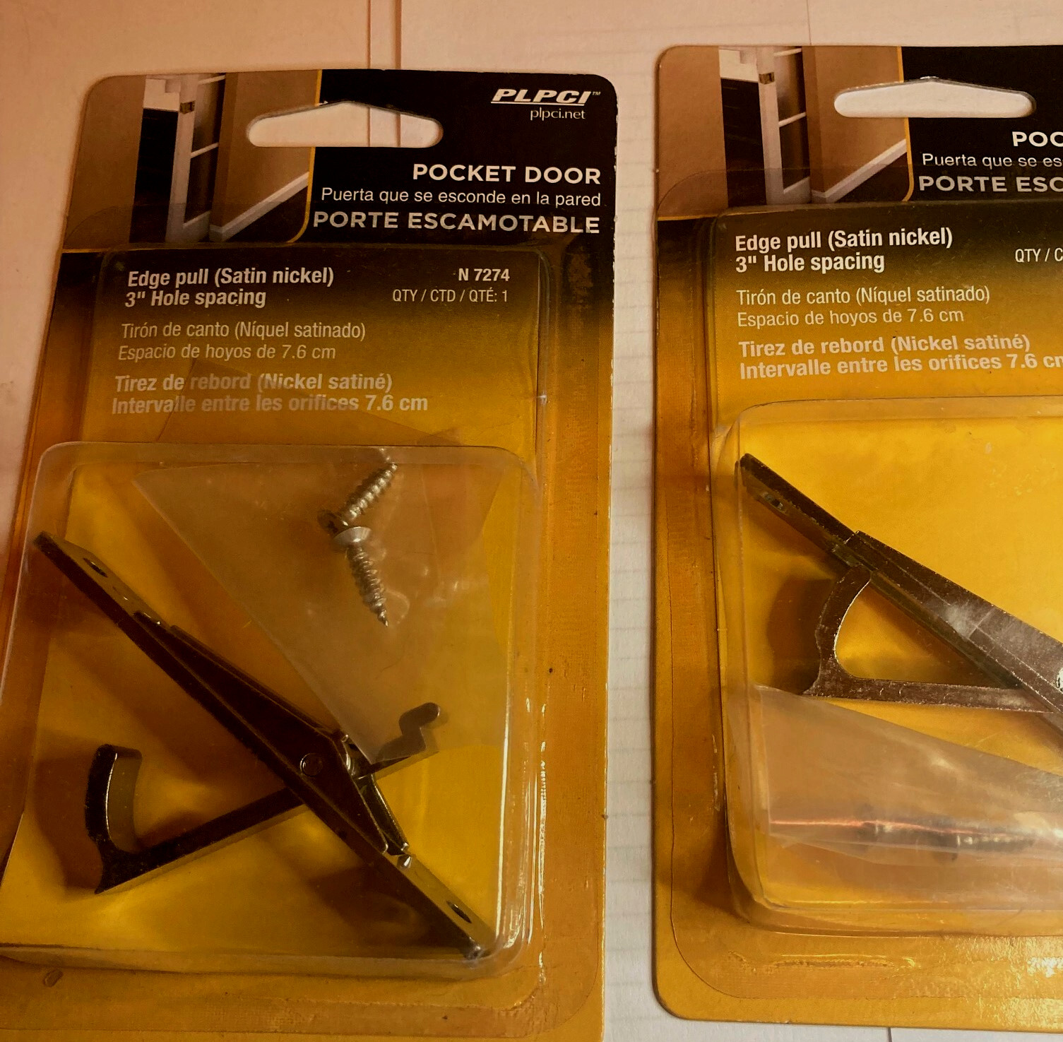 Pair of Pocket Door Edge Pull Satin Nickel 3" Hole Spacing PLPCI N7274 NEW