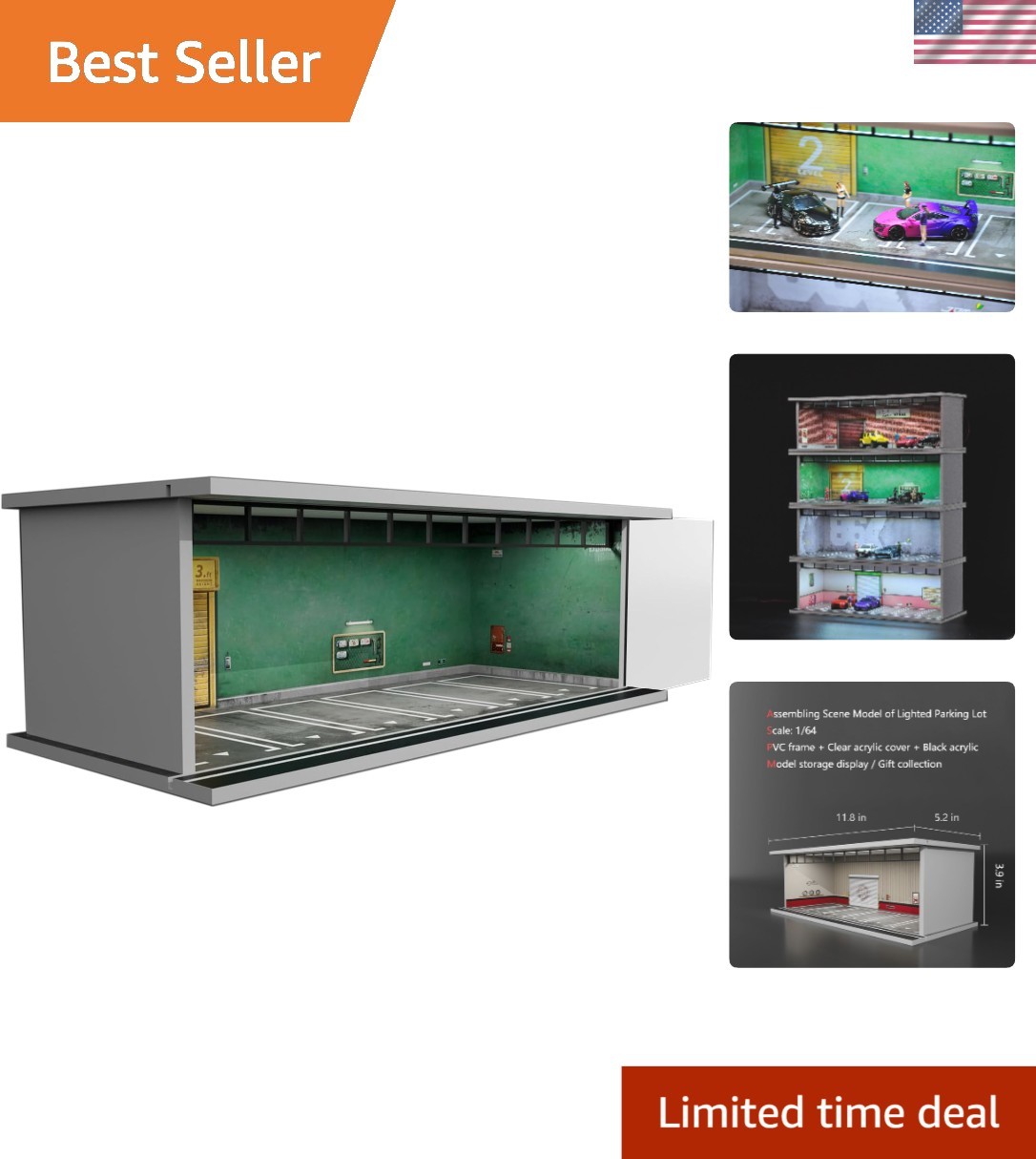 Stunning 1/64 Scale Acrylic Display Case with Built-in LED Lights - Green Wall