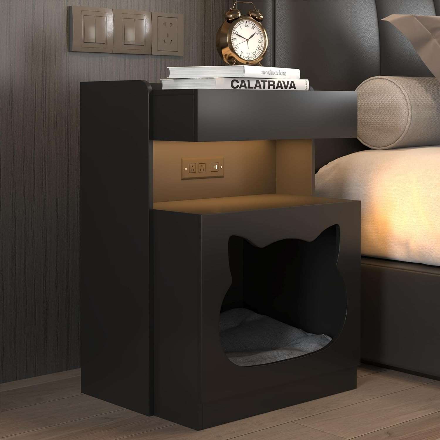 Mojztezy Black Bedside Table with Cat Design, Built-In Charging Station & Soft L