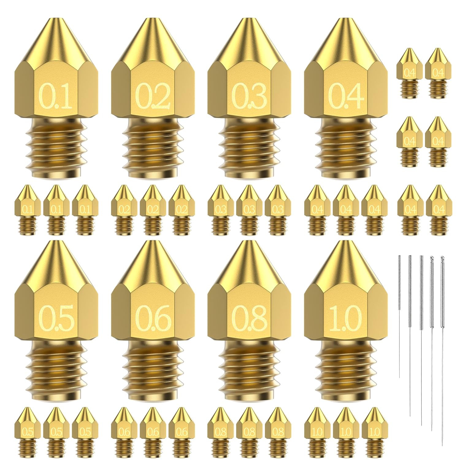 31PCS MK8 3D Printer Nozzles Extruder for Ender 3, 0.4mm 0.1 0.2 0.3 0.5 0.6 0.8