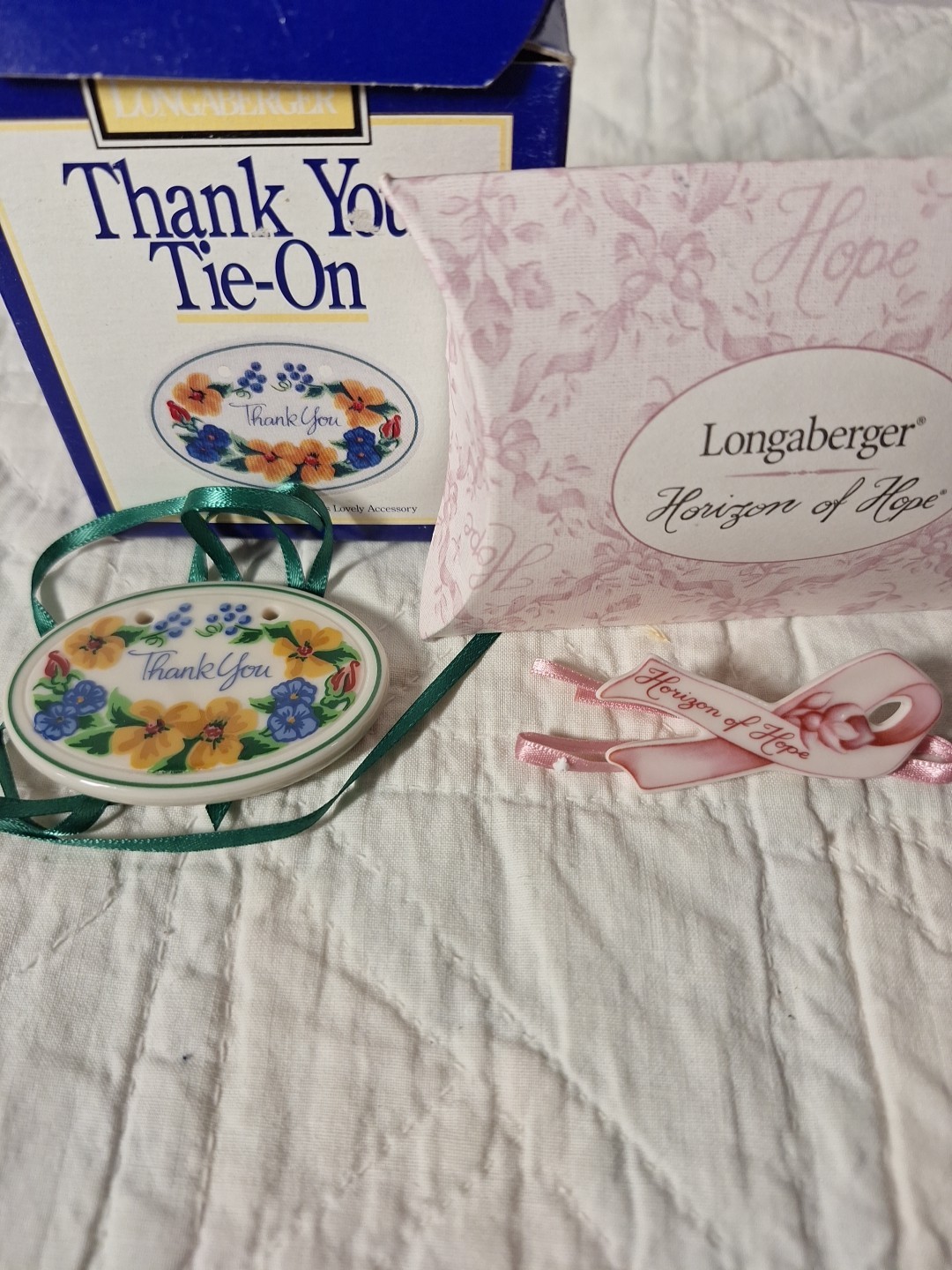 Longaberger Tie-On (2) Basket Tie-On NEW in box Horizon Of Hope And Thank You
