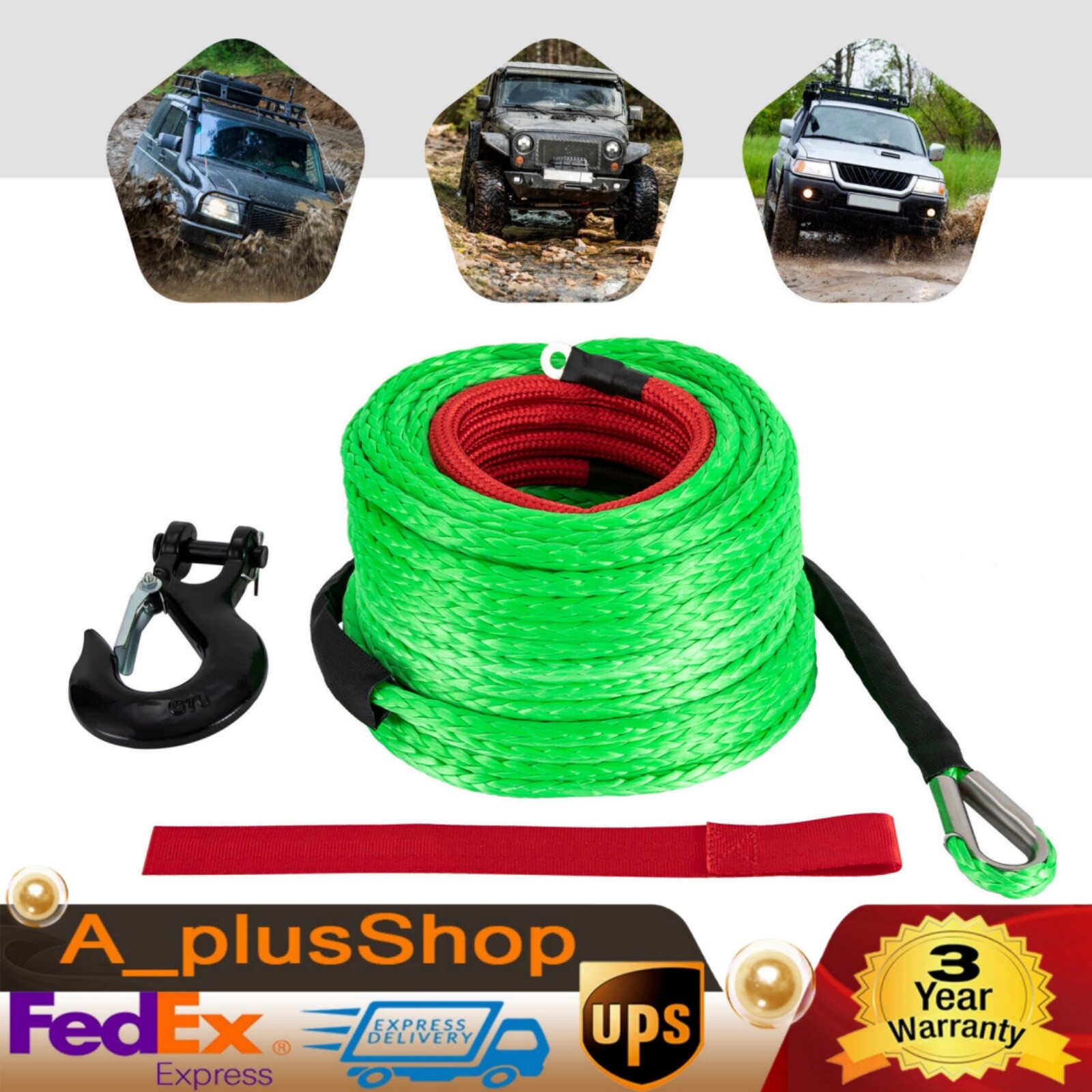 3/8x100" Synthetic Winch Rope with Hook Winch Cable 30.48m/100ft 23809 lbs NEW