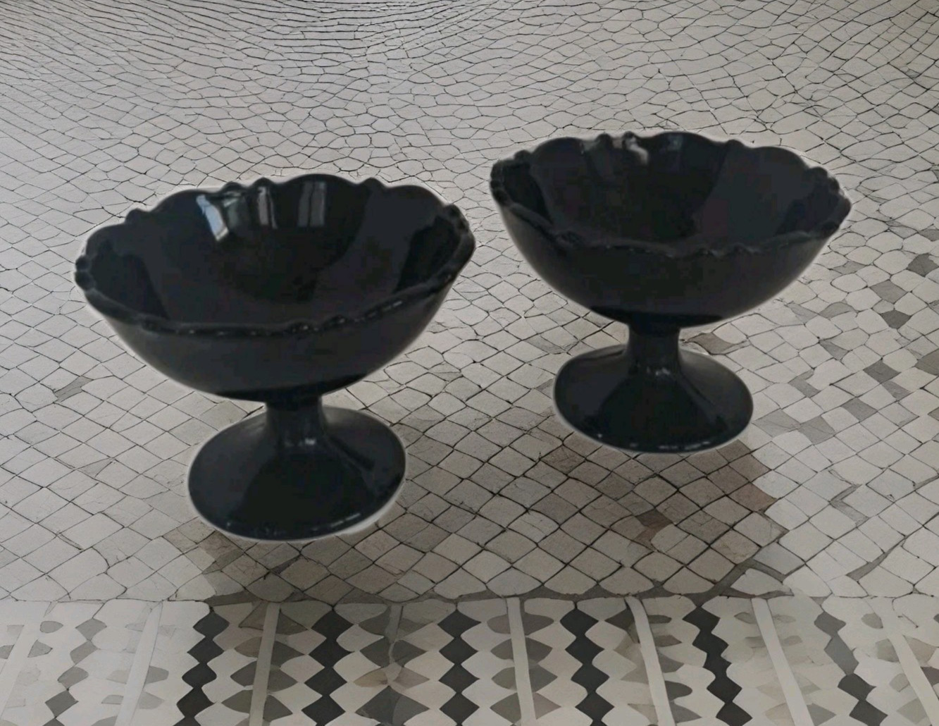 Vintage L.E. Smith Black Glass Sherbet Cups Set of 2 Footed Dessert Bowls 3"