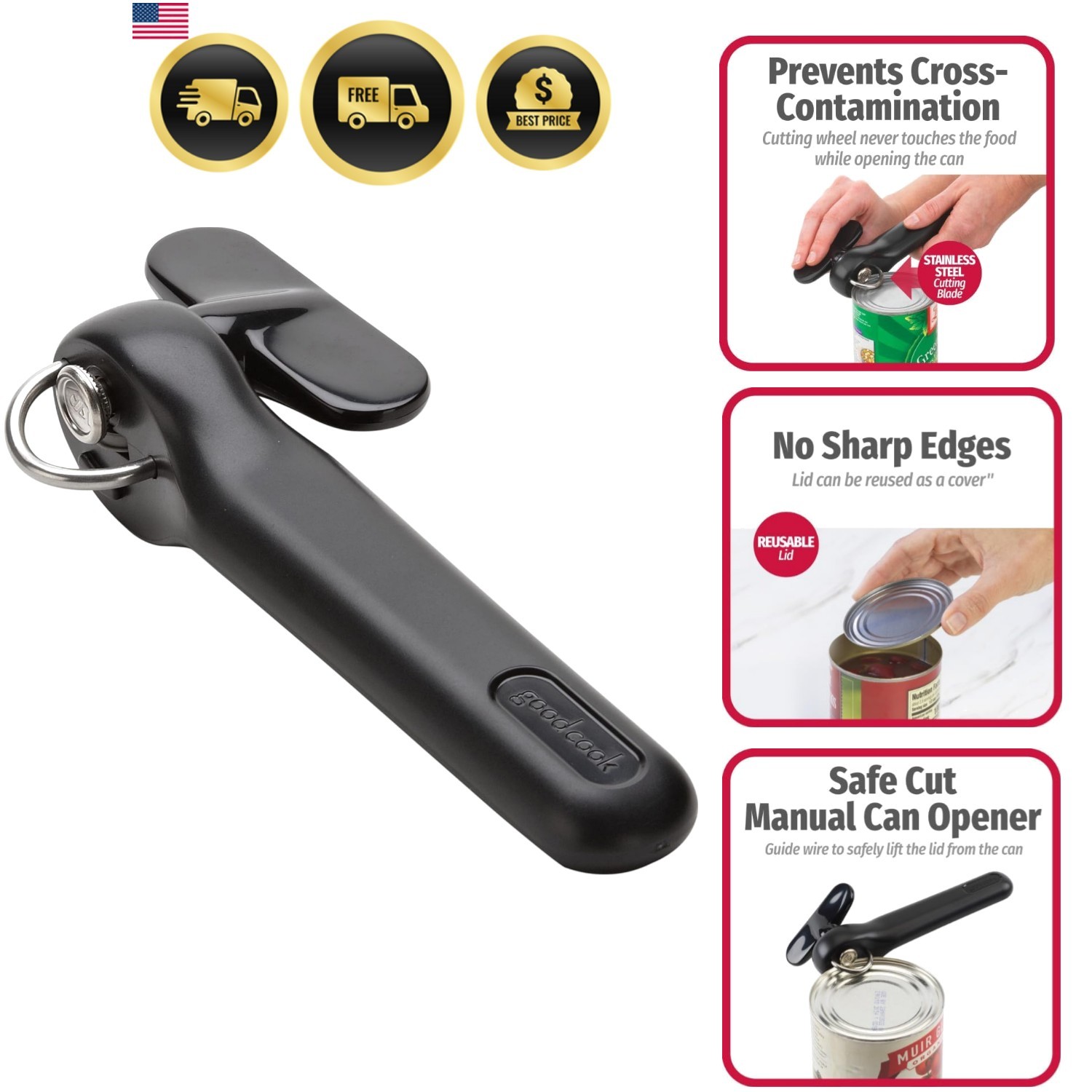 Good Cook Can Opener, Safe Cut Manual Can Opener, no Sharp Can Edges, Black