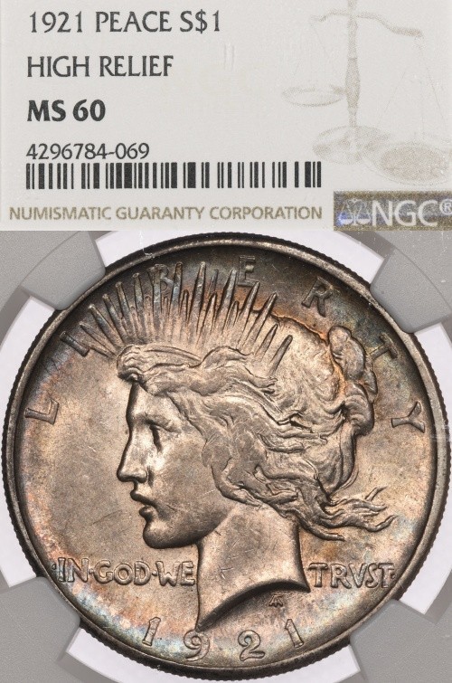 1921 $1 NGC MS60 High Relief Peace Dollar Toned Unc