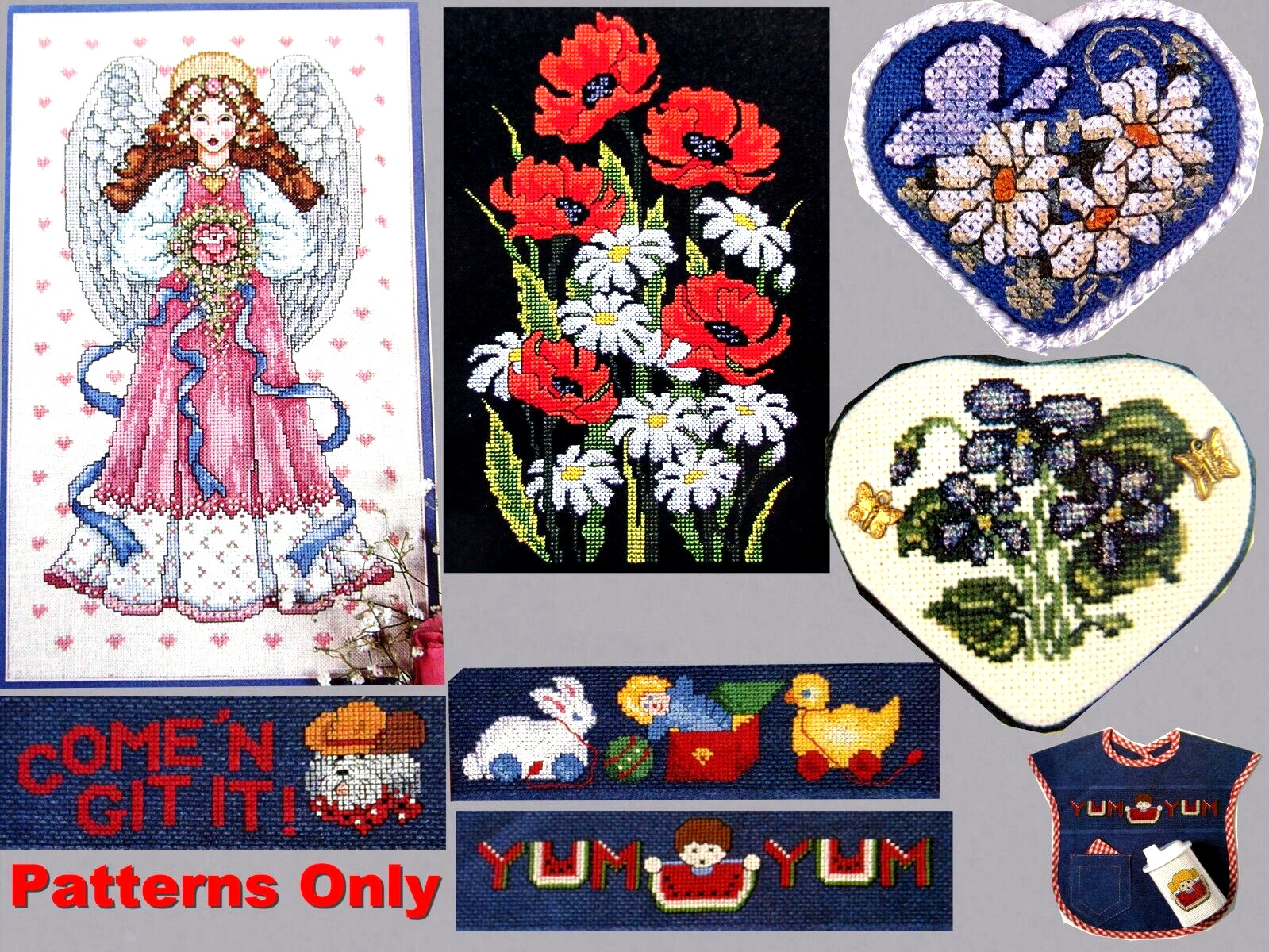 Angel Love Poppies Daisies Violets Hearts Baby Bib Designs CROSS STITCH PATTERNS