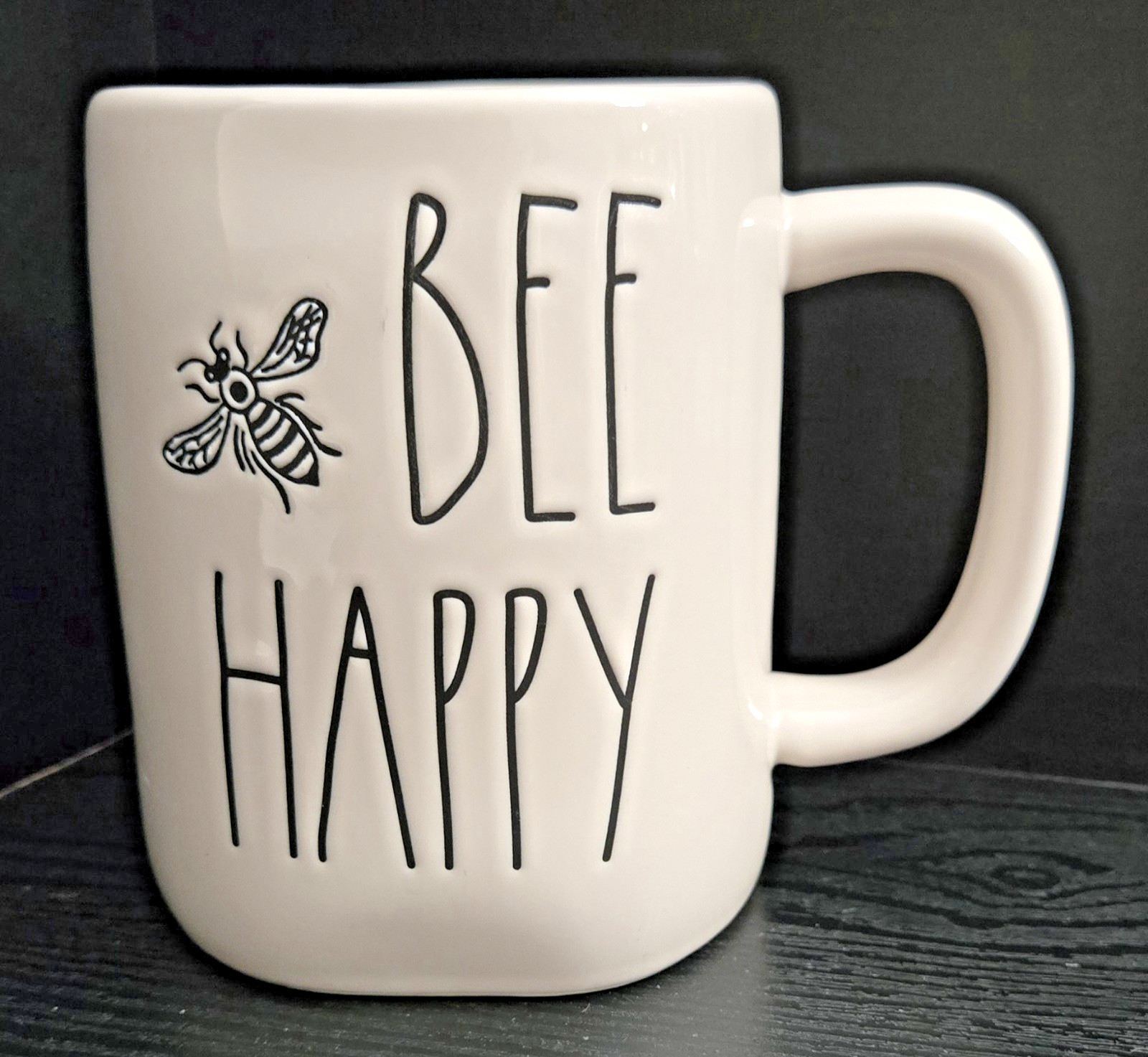 Rae Dunn Bee Happy Ceramic Coffee Mug with Yellow Interior - EUC