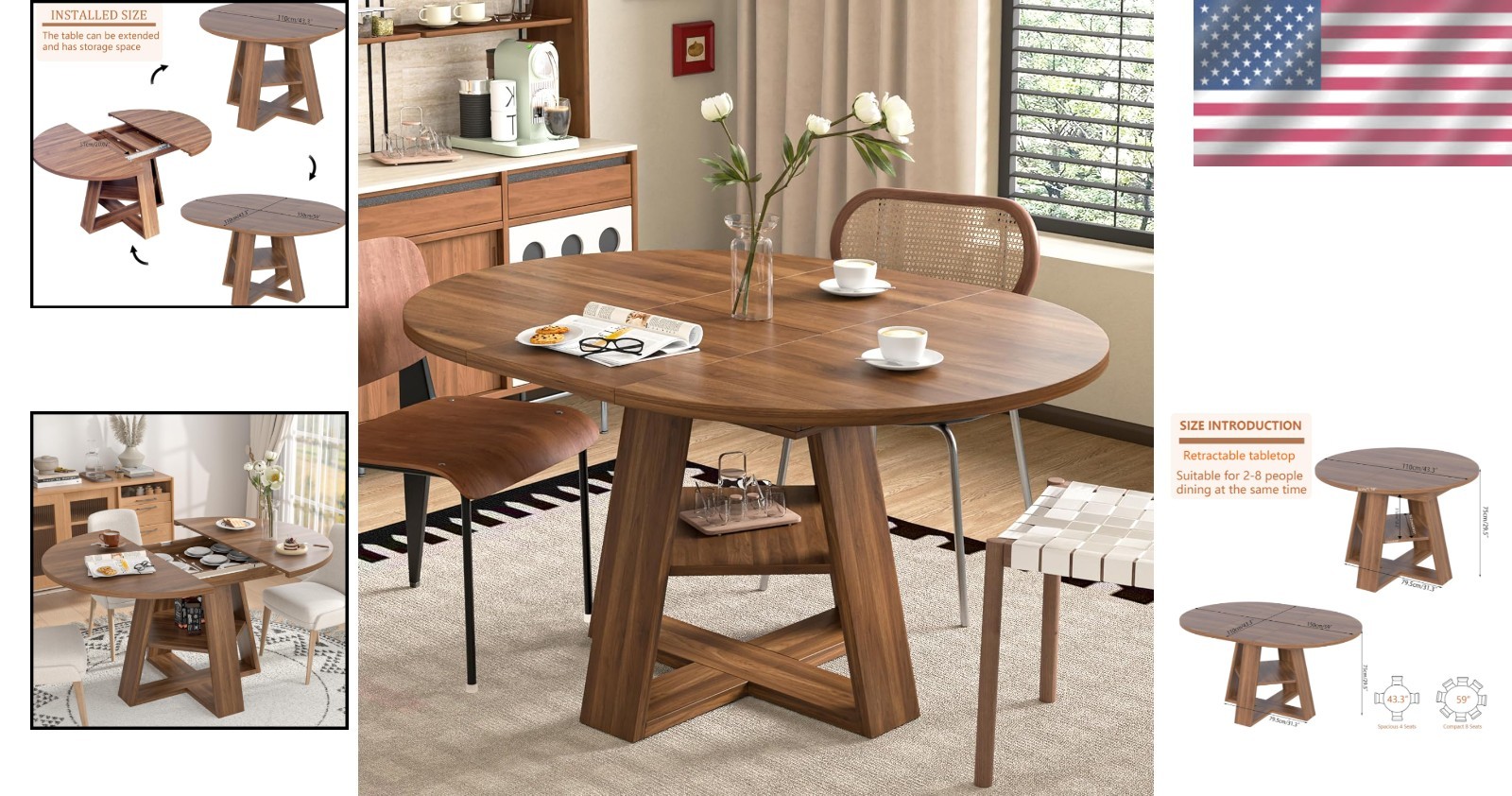 Modern Walnut Dining Table with Removable Leaves for 4-8 - Space Saving Design