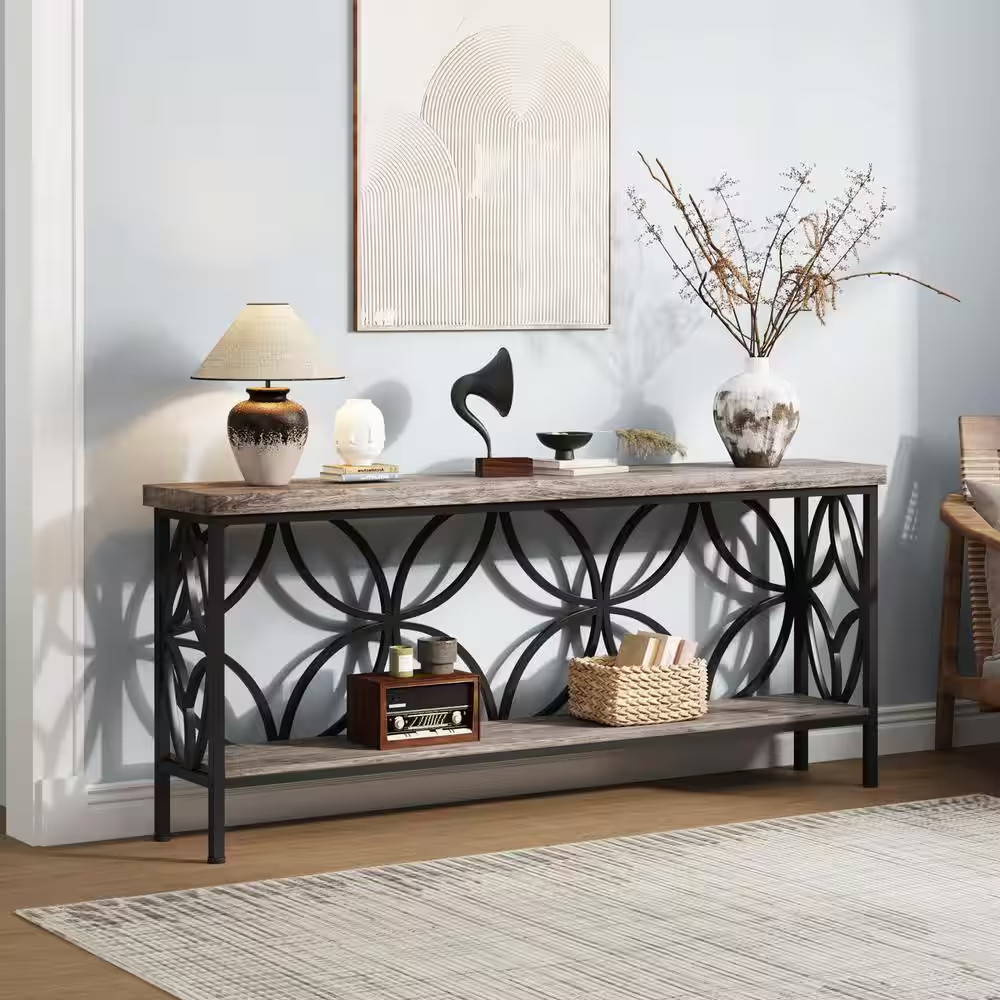 Turrella 70.9 In. Gray Rectangle Engineered Wood Narrow Console Table with Stora