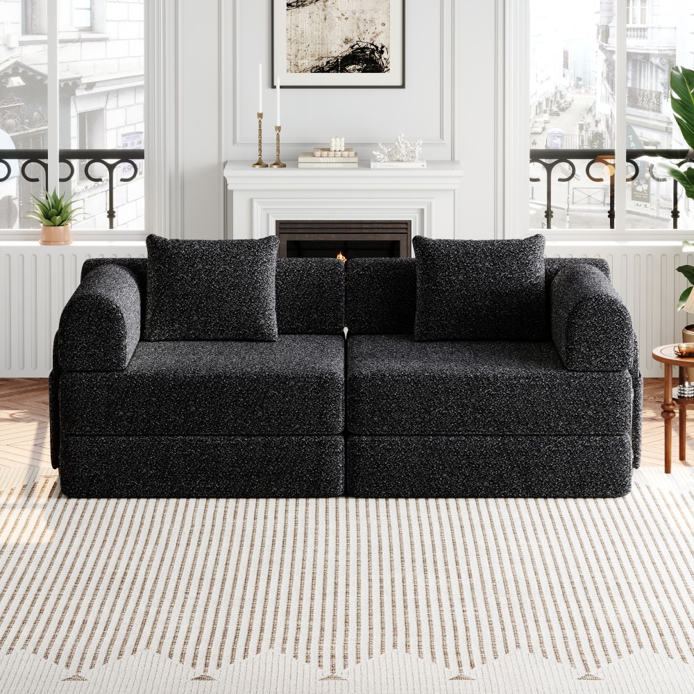 72.4" Convertible Sofa Bed w/ Storage Pockets, Black Chenille Fabric