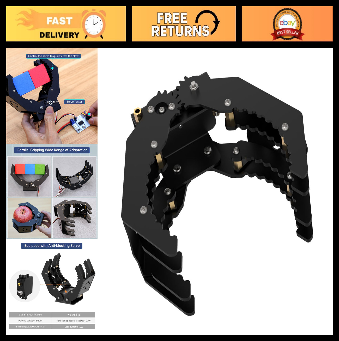 Mechanical Robot Arm Claw Gripper - Black Servo-Free Robotic Hand for Projects