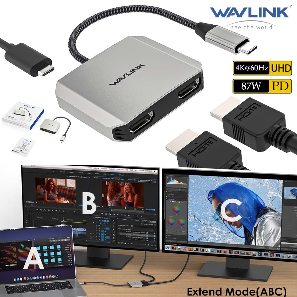 Wavlink USB-C to Dual HDMI Adapter Type-C to HDMI Splitter 4K 60Hz Monitor 87W