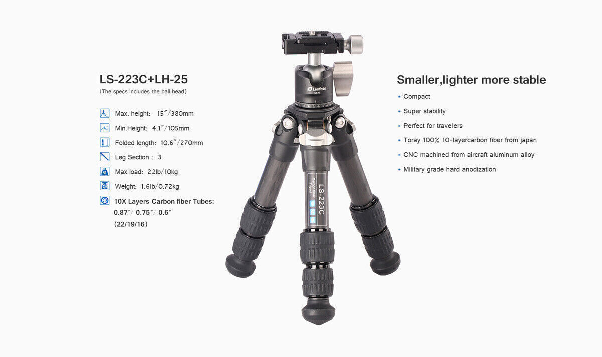 Leofoto LS-223C+LH-25 Tripod with ball head Portable Mini Carbon Fiber Tripod