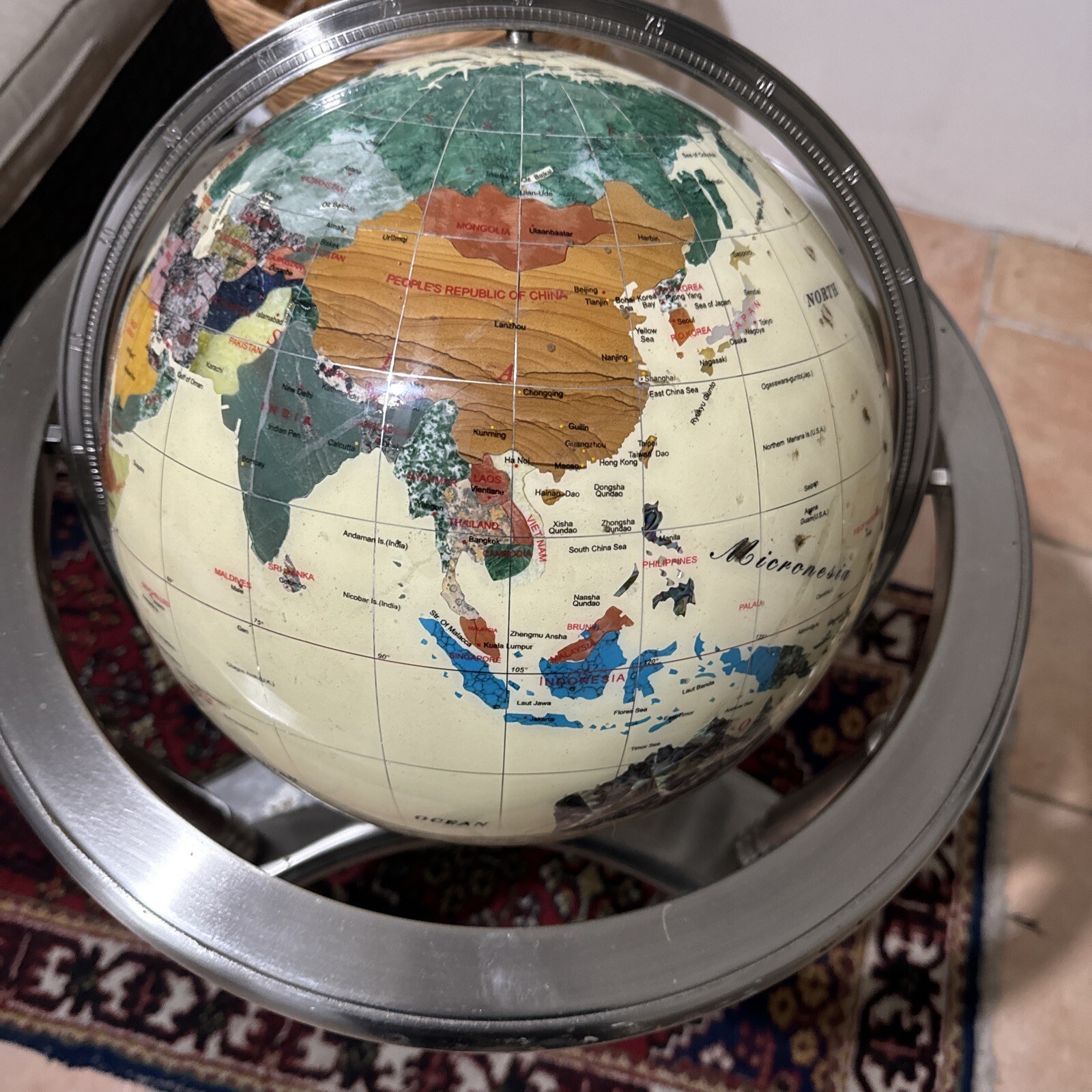 Semi-Precious Inlaid Stones World Globe with Compass. Used