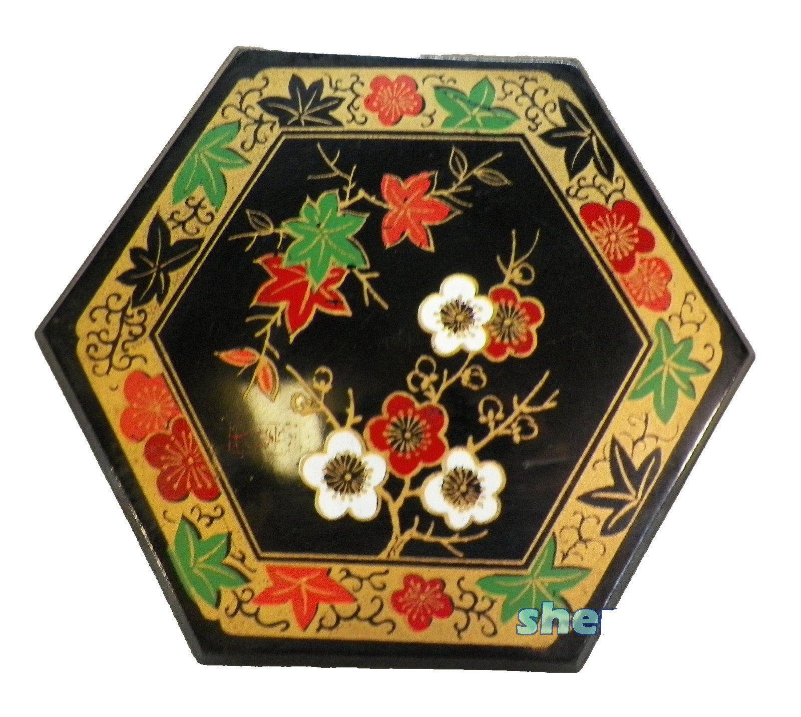 Black Licquer Trinket Box Floral Hand Painted 6 1/4"