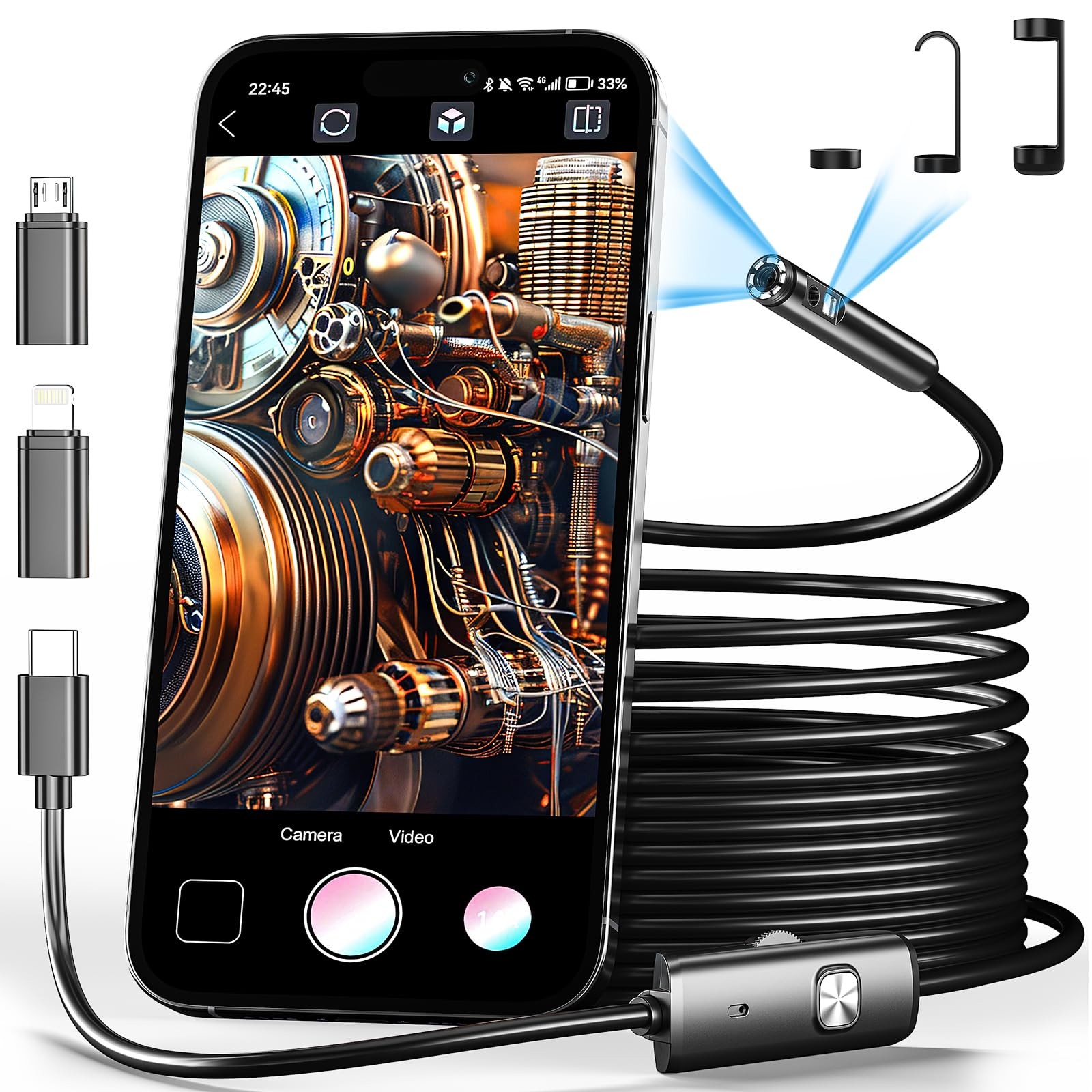 Dual Lens Endoscope Inspection Camera, 1980P, 16.5ft, Waterproof, LED Lights