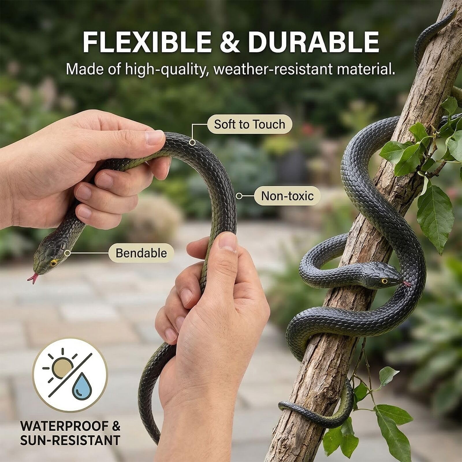 3-Pack Ultra-Realistic Rubber Snakes for Halloween Decorations, L, Black