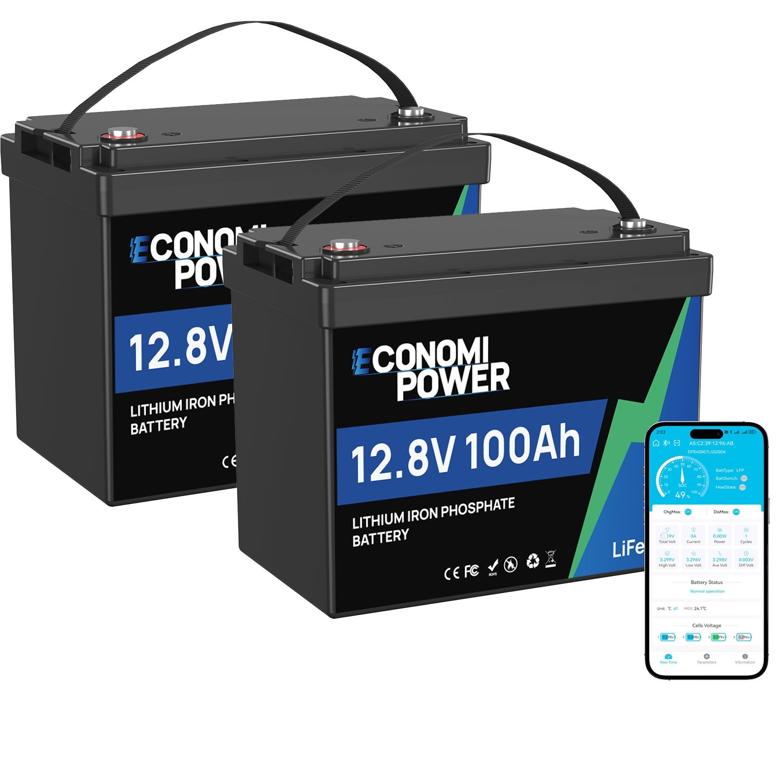 2x 12V 100Ah LiFePO4 Battery Bluetooth 100A BMS Deep Cycle for RV Solar Marine
