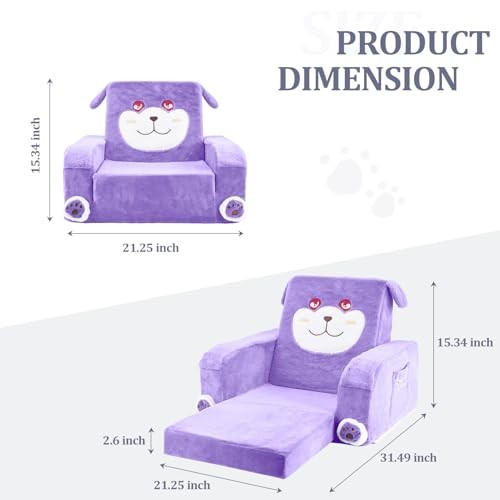 Kids Couch, Children's Sofa Bed, Folds Violet Squared Kids Couch with armrests