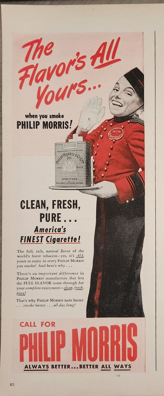 1947 Philip Morris Cigarettes Vintage Ad Clean Fresh Pure