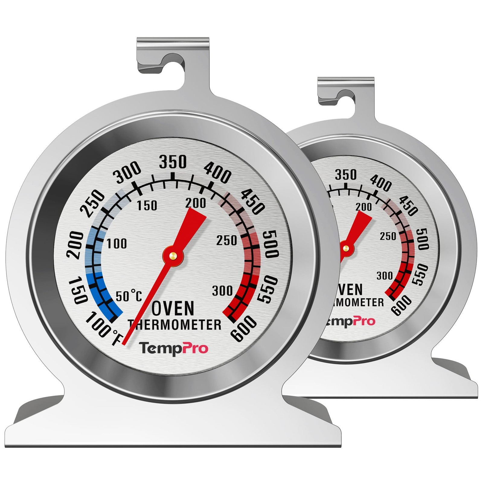 TempPro 2-Pack Oven Thermometer for Gas Oven, 50-300°C/100-600°F Silver