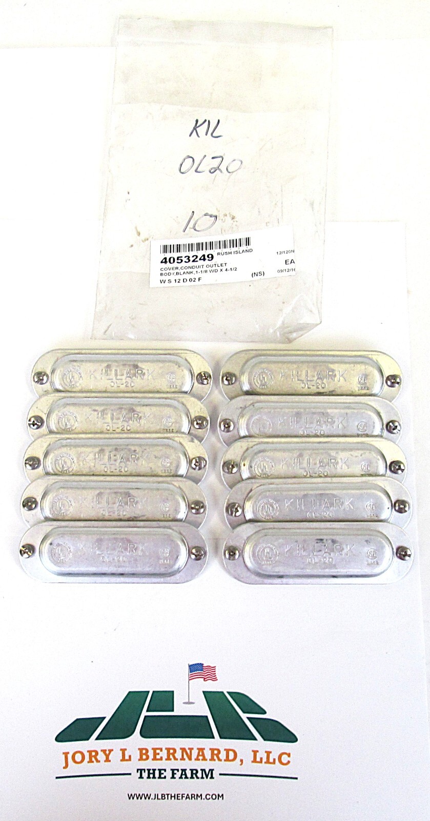 KILLARK, OL-20, LOT OF 10, METAL, 1-1/8" X 4-1/2", BLANK CONDUIT COVER, SURPLUS