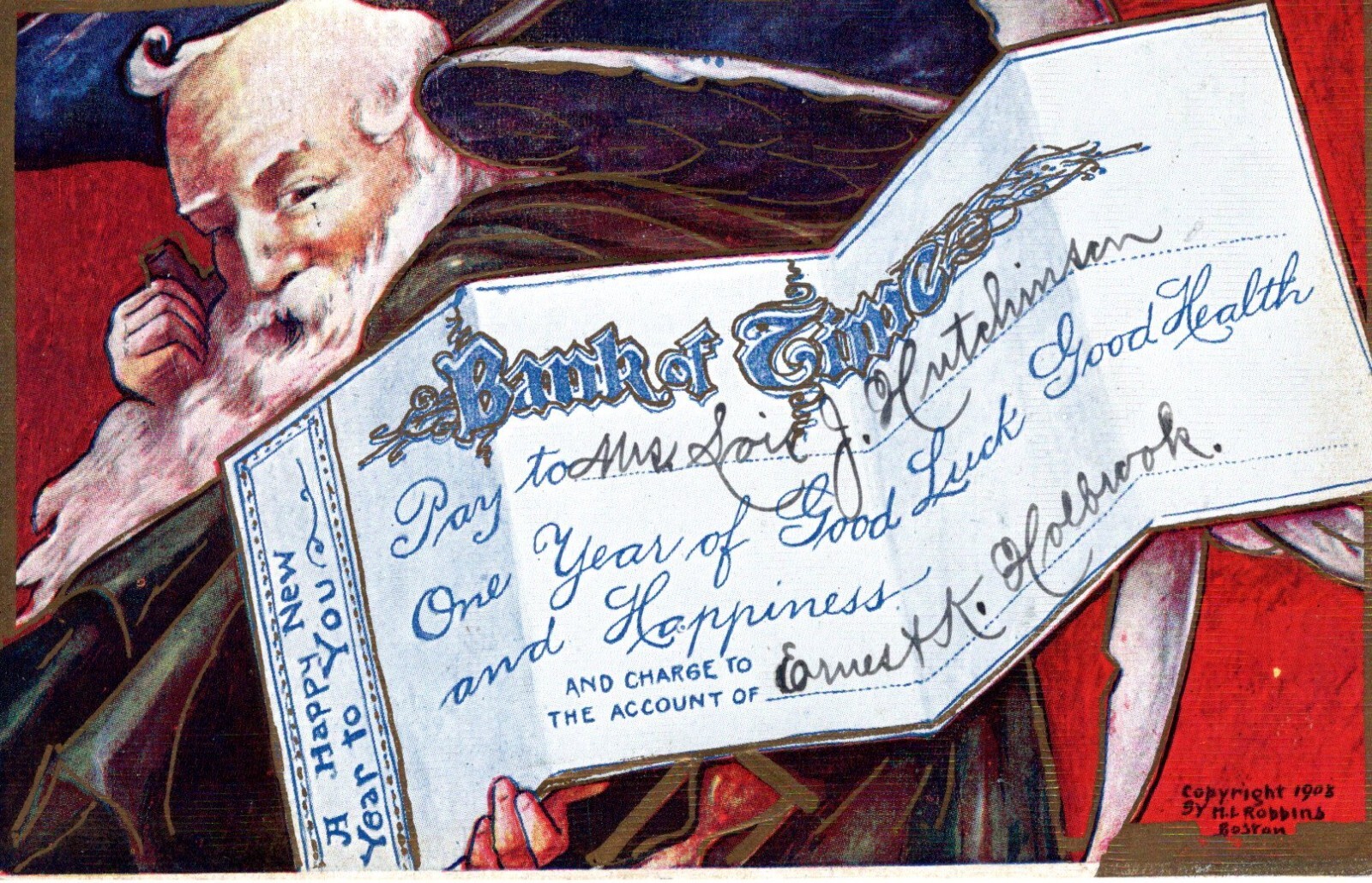 B18-79779. Happy New Years postcard ca 1905 embossed Bank of time check
