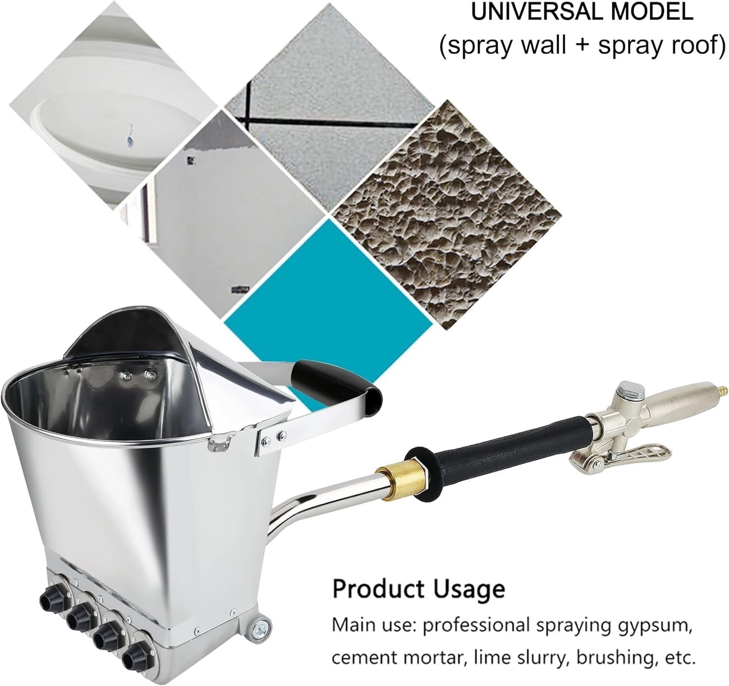 Cement Mortar Stucco Sprayer with 4 Replaceable Spray Jets Plaster Hopper for Wa