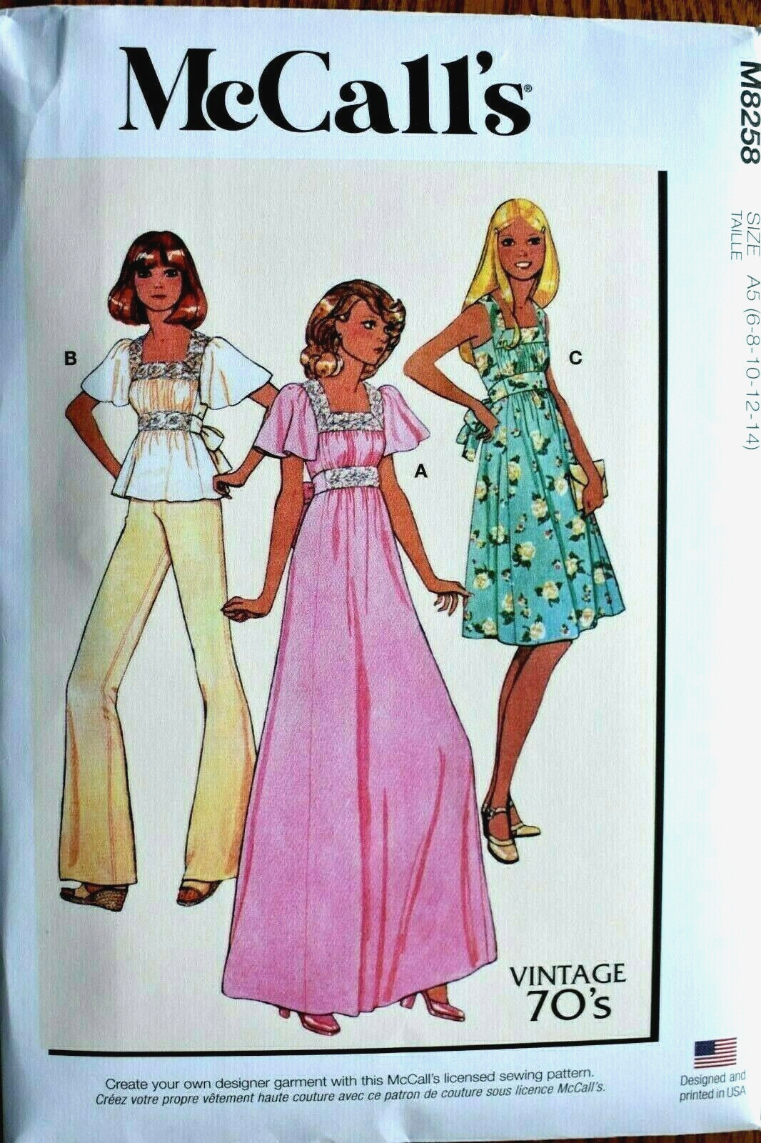 MCCALLS PATTERN 8258  DRESSES TOP RETRO 70S  MISSES SIZES  6 8 10 12 14 NEWUNCUT