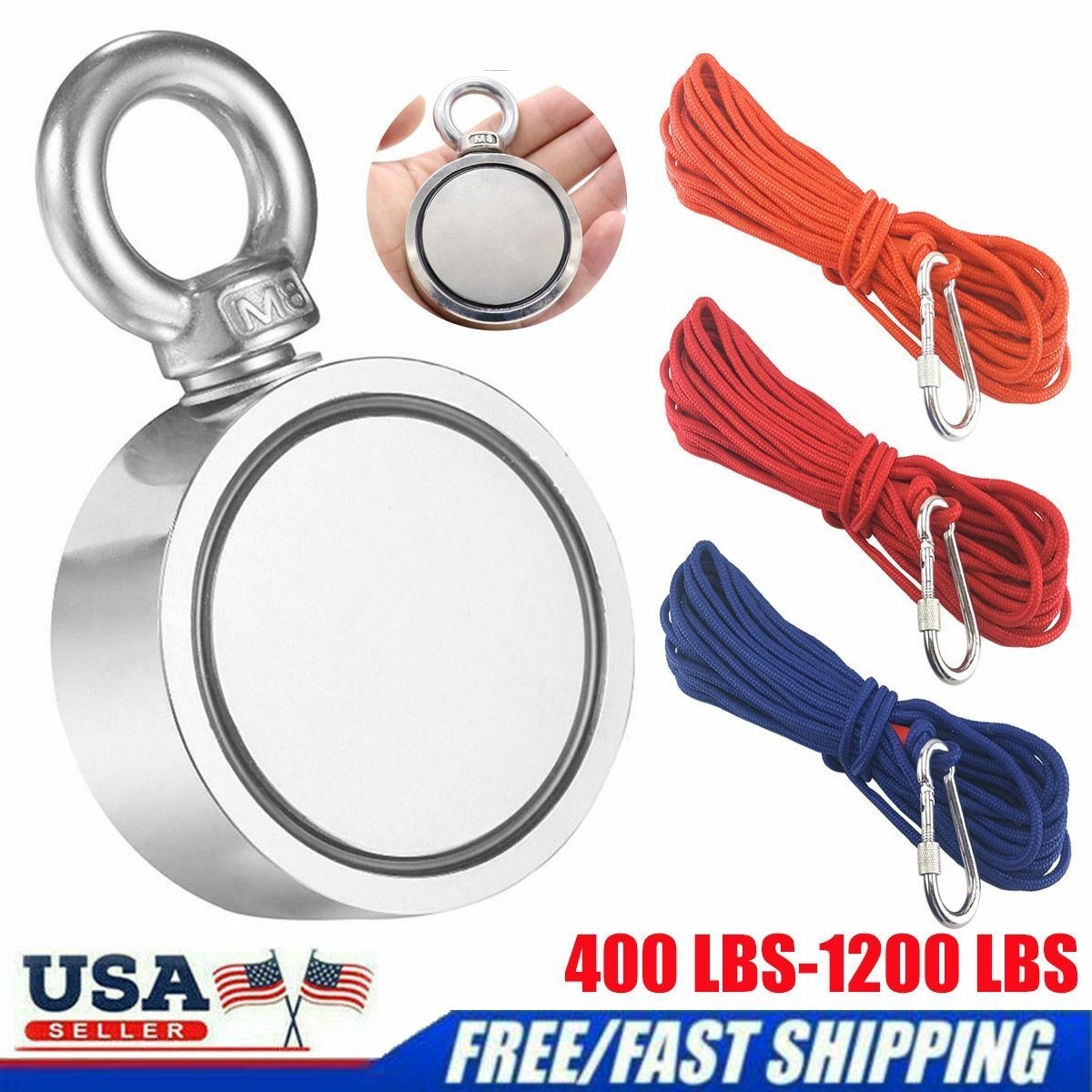 400-1200 Lbs Fishing Magnet Kit Pull Force Strong Neodymium Rope Carabiner Set