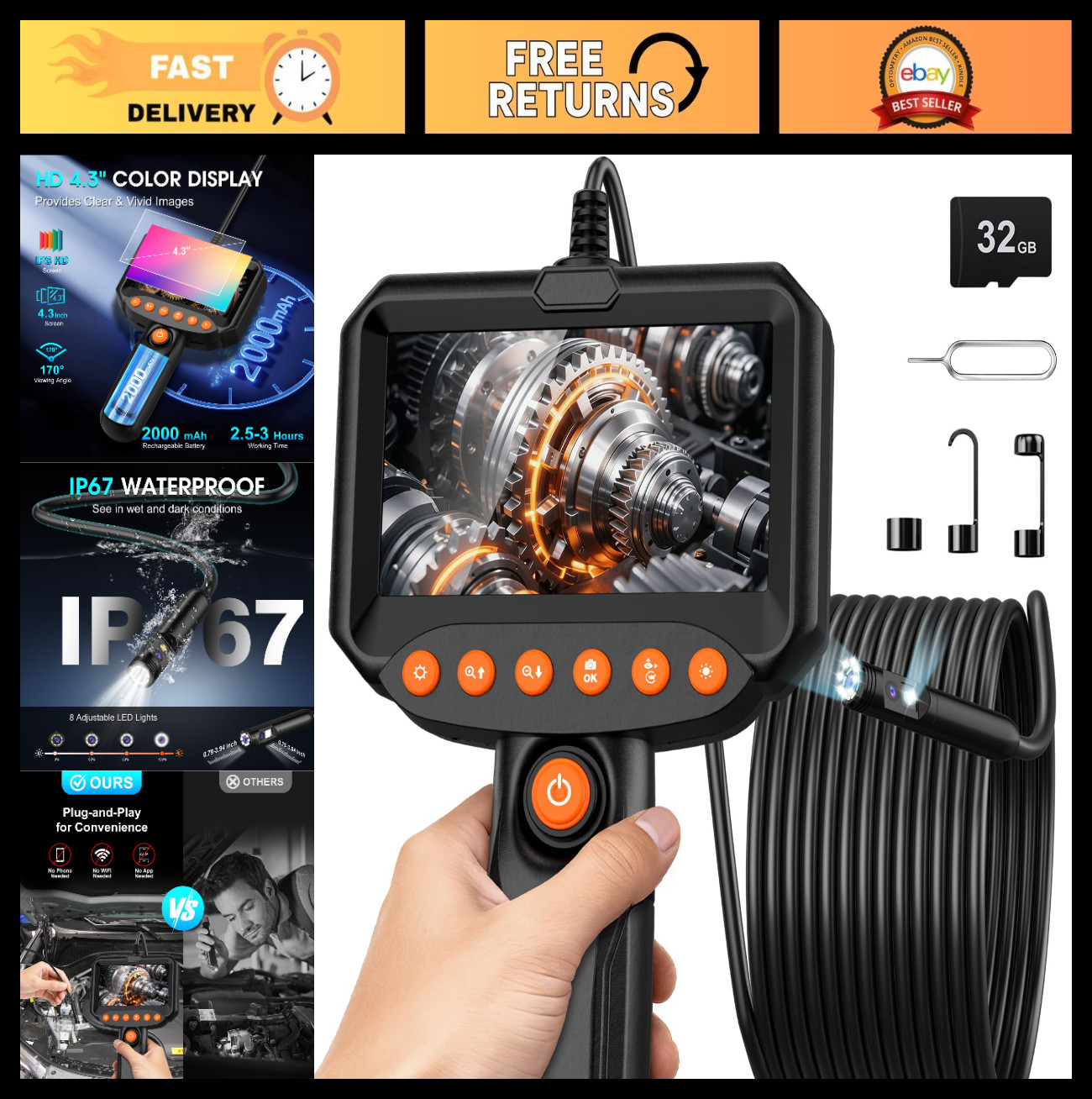 Dual Lens Endoscope Camera 1920P HD, 4.3" LCD, Waterproof Borescope, 16.4FT Cabl
