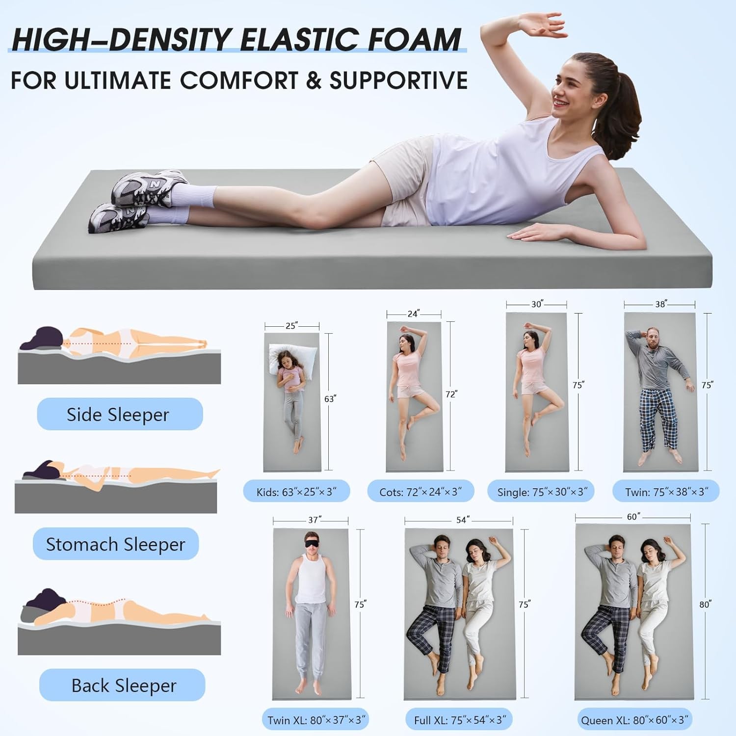 CYMULA 72x24x3” Memory Foam Camping Mattress Pad – Non-Slip Roll-Up Mat