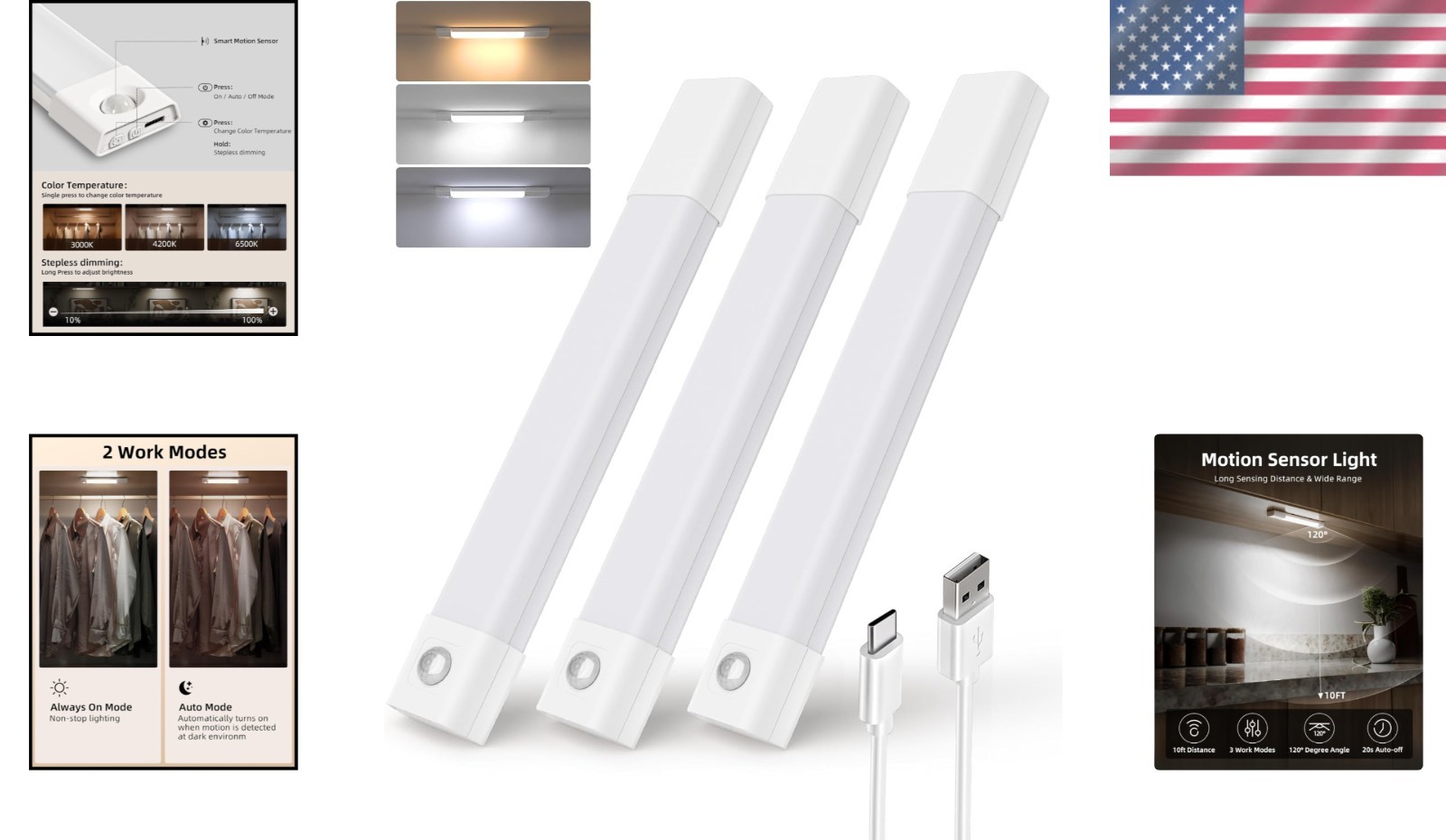 3-Pack LED Under Cabinet Lights, Rechargeable Motion Sensor, 3 Color Dimmable...