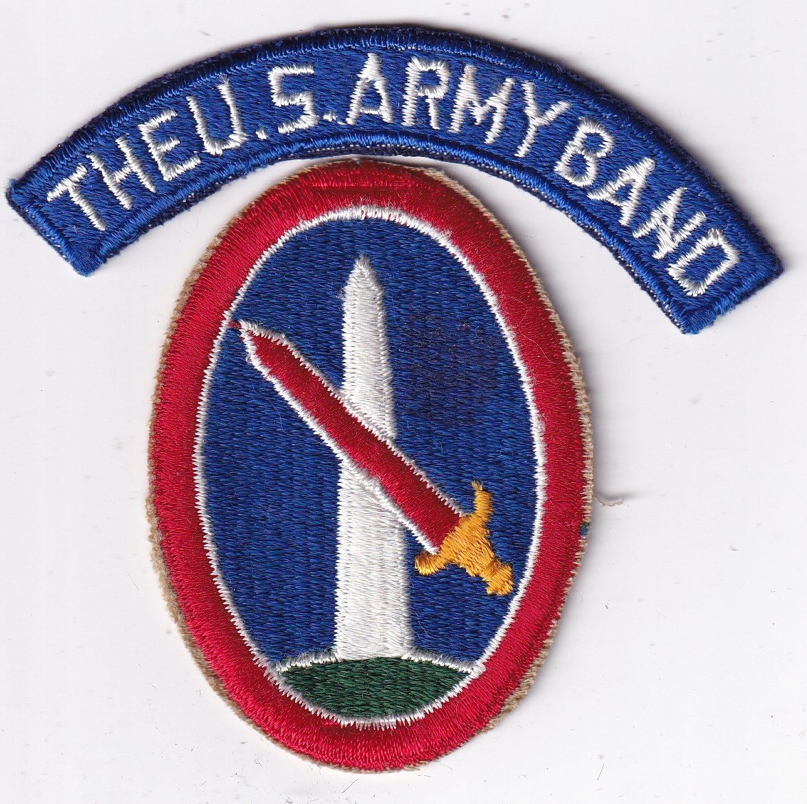 The US Army Band tab white back with Military District of Washington patch post