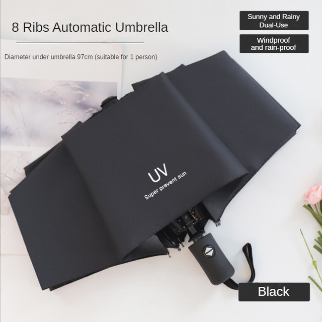 Automatic Black Umbrella Anti-UV Sun/Rain Windproof 3 Folding Compact Umbrella