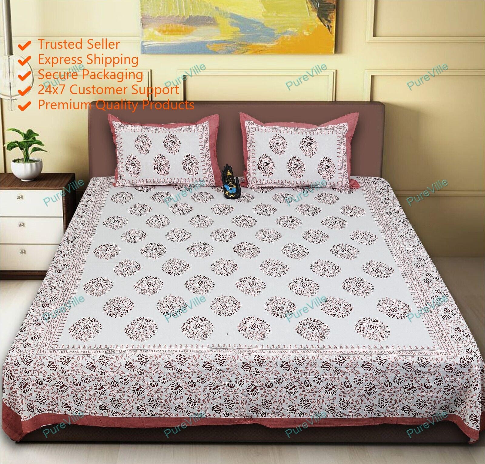 Indian Floral Pattern 100% Cotton Double Bed Sheet With 2 Pillowcase, Pink