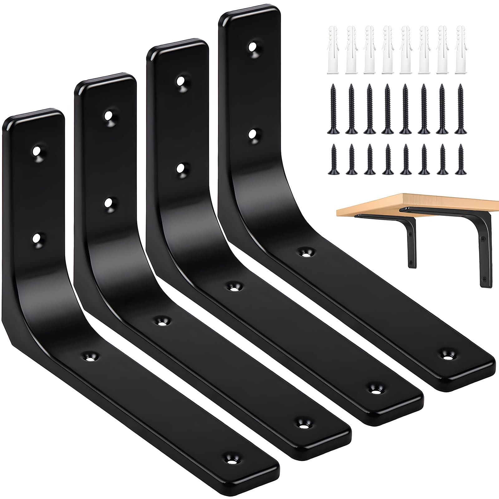 AISINYI Black Wall Shelf Brackets, 8 x 6 Inch Iron Metal Shelf Brackets L Sha...